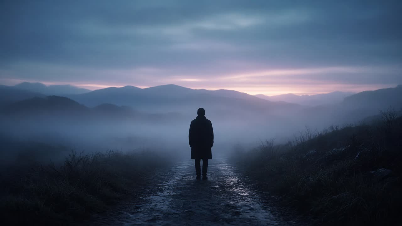 A silhouette seen from behind in dawn mist, face hidden, with quiet teal light.